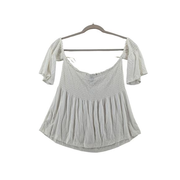 Forever 21 Off Shoulder Blouse Large Ivory Flowy Boho Smocked Summer Top Loose - Picture 11 of 11